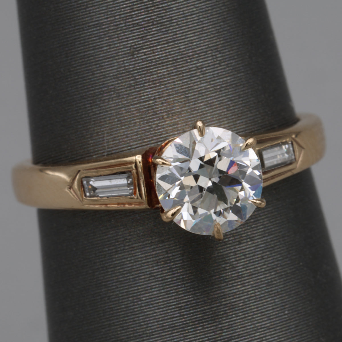 Old European and Baguette Cut Diamond Three Stone Ring in 14k Yellow Gold