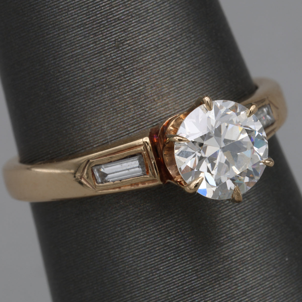 Old European and Baguette Cut Diamond Three Stone Ring in 14k Yellow Gold