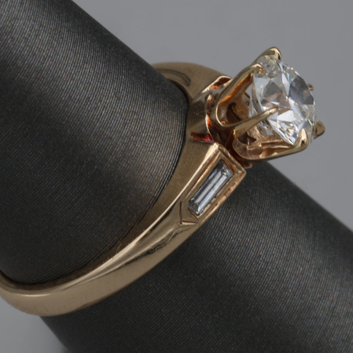 Old European and Baguette Cut Diamond Three Stone Ring in 14k Yellow Gold