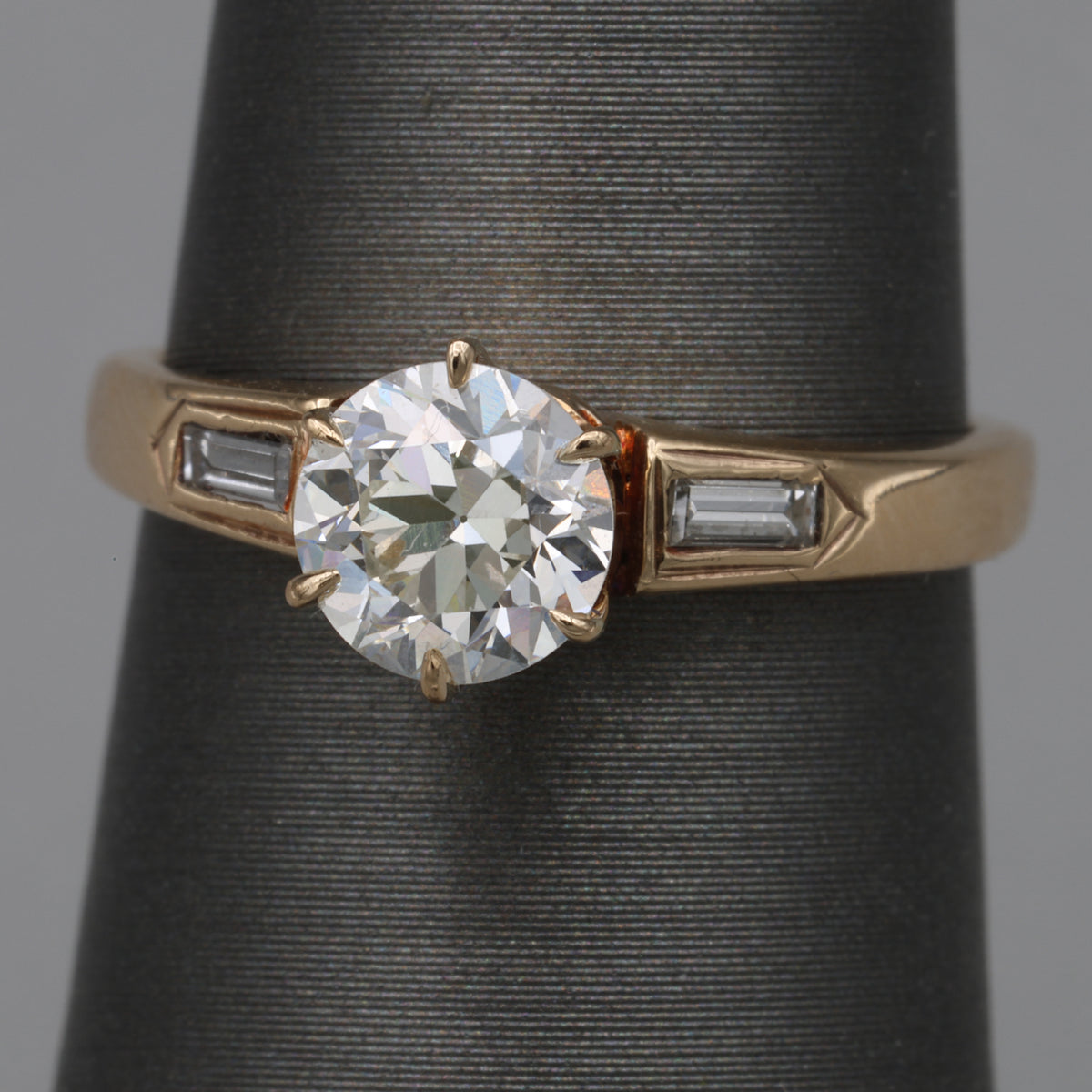 Old European and Baguette Cut Diamond Three Stone Ring in 14k Yellow Gold