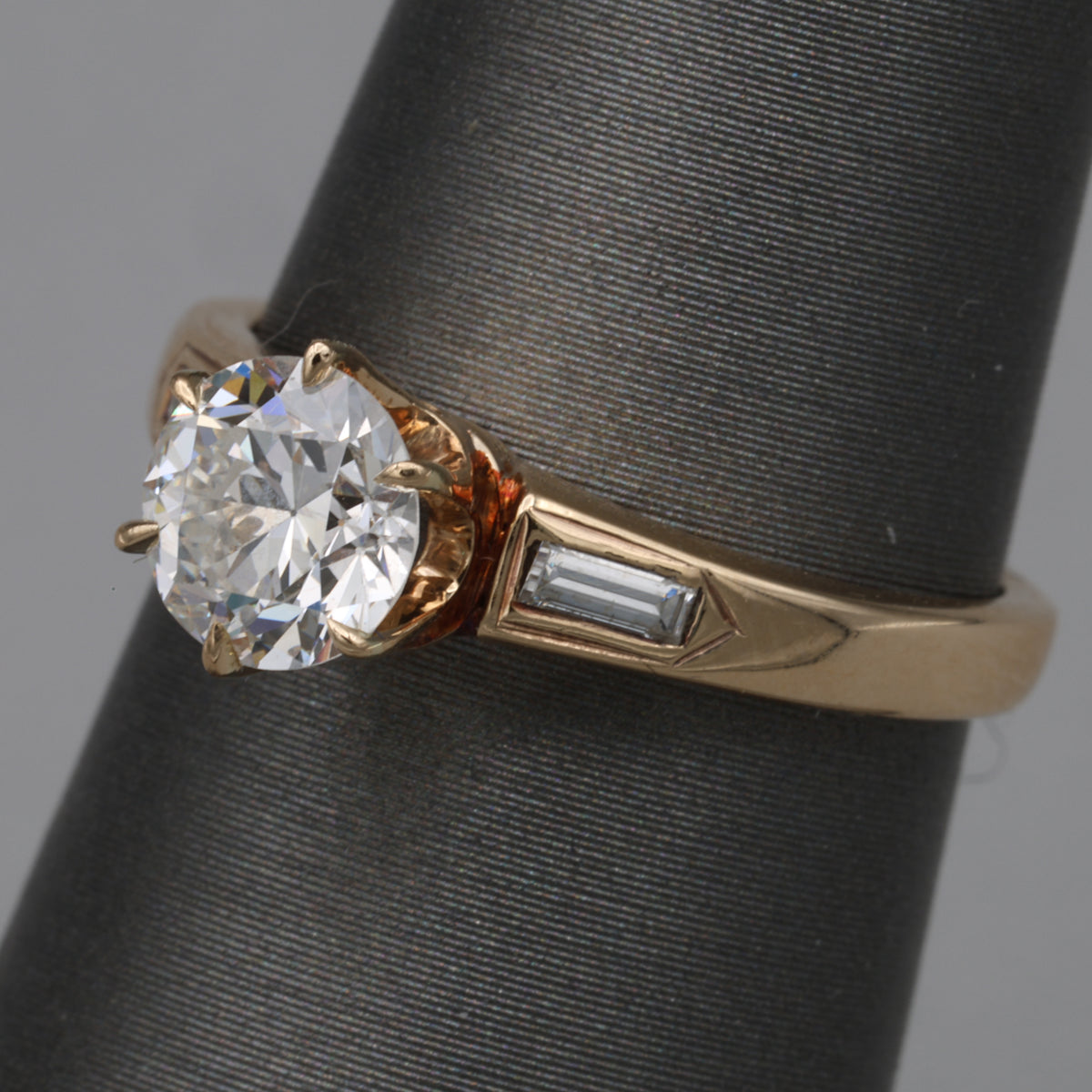 Old European and Baguette Cut Diamond Three Stone Ring in 14k Yellow Gold