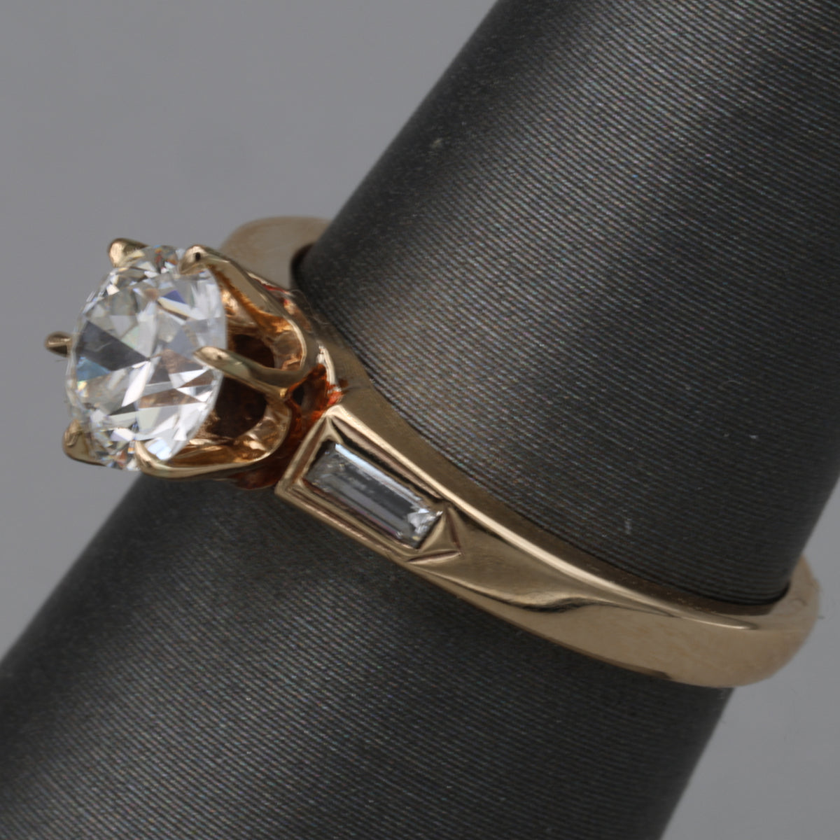 Old European and Baguette Cut Diamond Three Stone Ring in 14k Yellow Gold