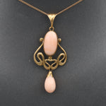 Art Nouveau Angel Skin Coral Drop Pendant Necklace in 10 & 14k Yellow Gold