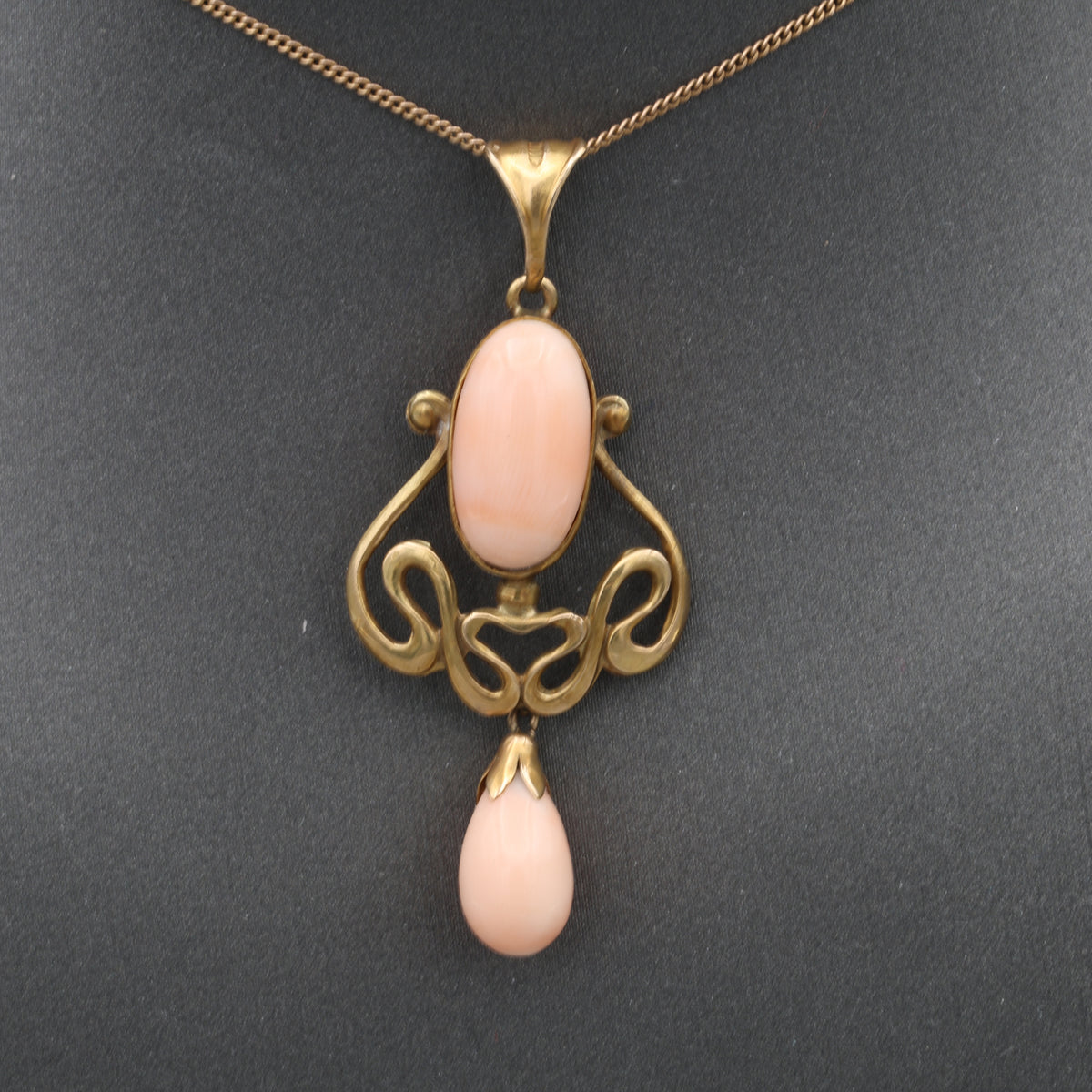 Art Nouveau Angel Skin Coral Drop Pendant Necklace in 10 & 14k Yellow Gold