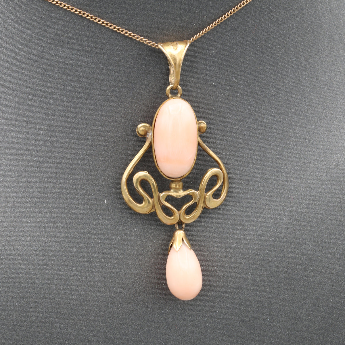Art Nouveau Angel Skin Coral Drop Pendant Necklace in 10 & 14k Yellow Gold