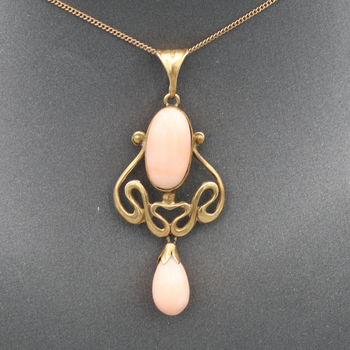 Art Nouveau Angel Skin Coral Drop Pendant Necklace in 10 & 14k Yellow Gold