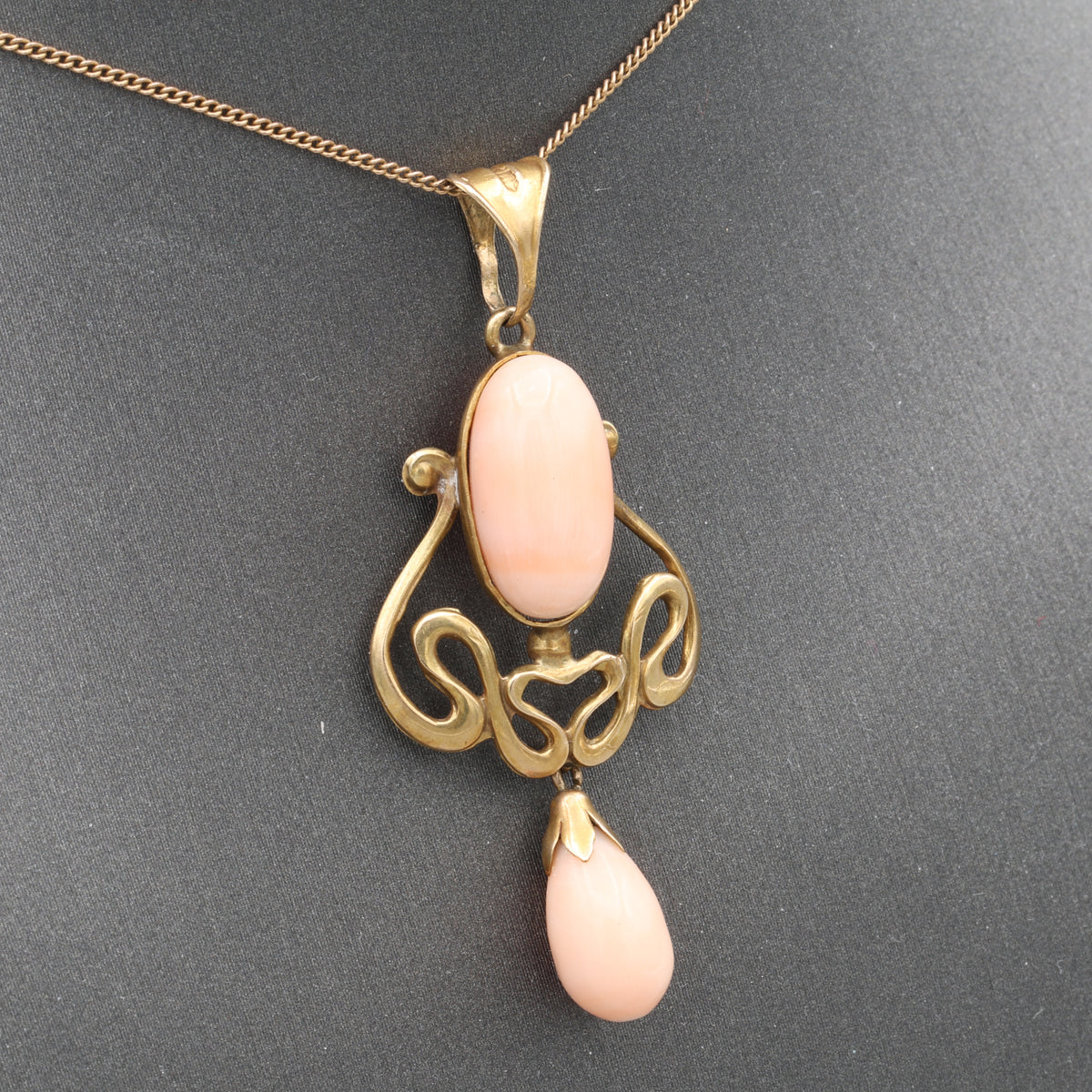 Art Nouveau Angel Skin Coral Drop Pendant Necklace in 10 & 14k Yellow Gold
