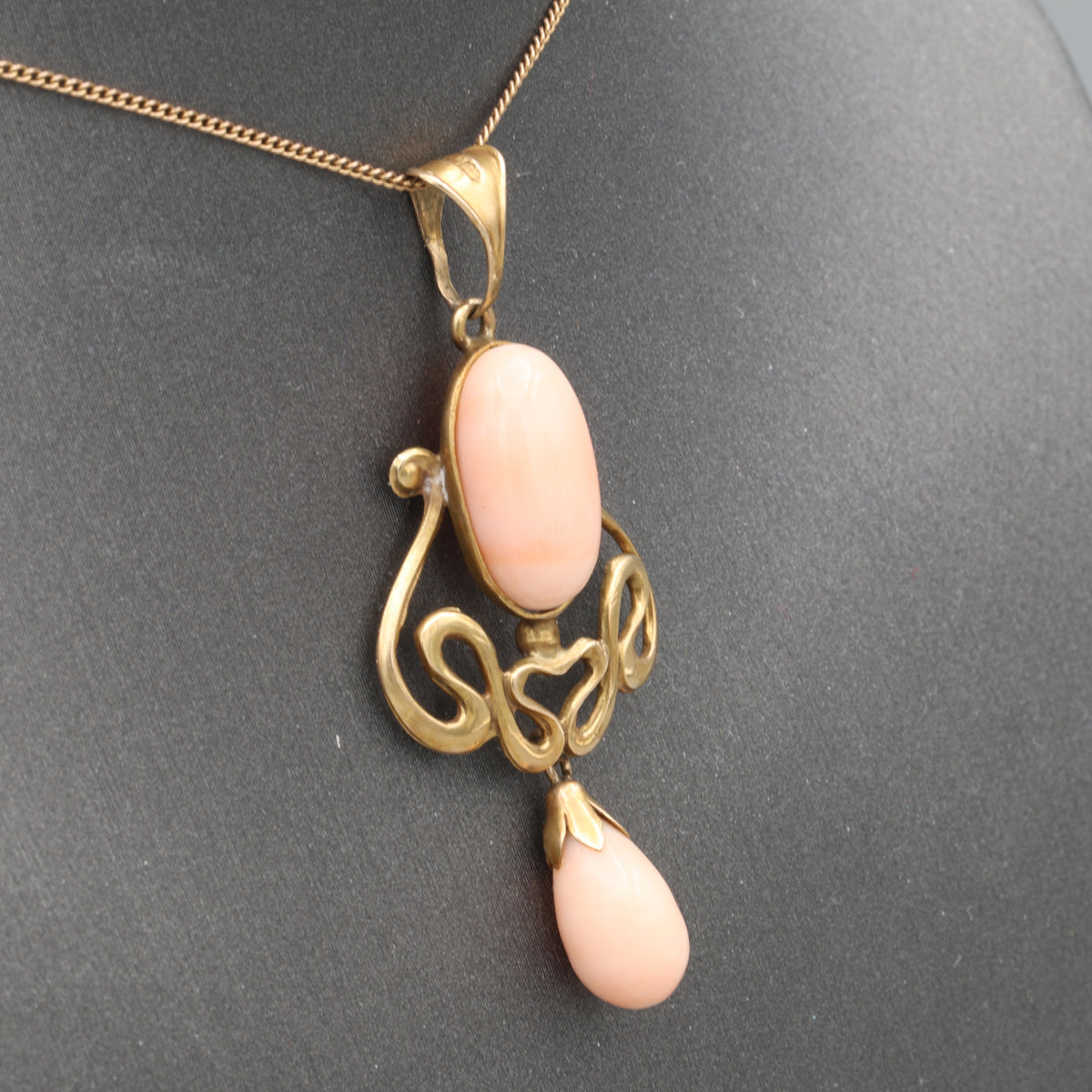 Art Nouveau Angel Skin Coral Drop Pendant Necklace in 10 & 14k Yellow Gold