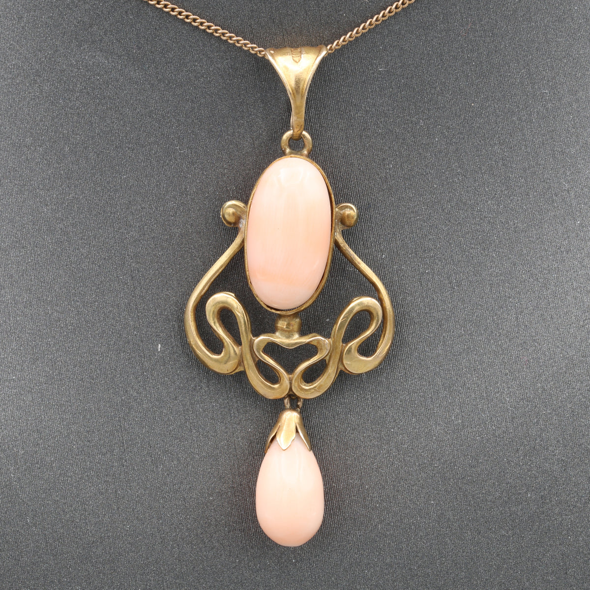 Art Nouveau Angel Skin Coral Drop Pendant Necklace in 10 & 14k Yellow Gold