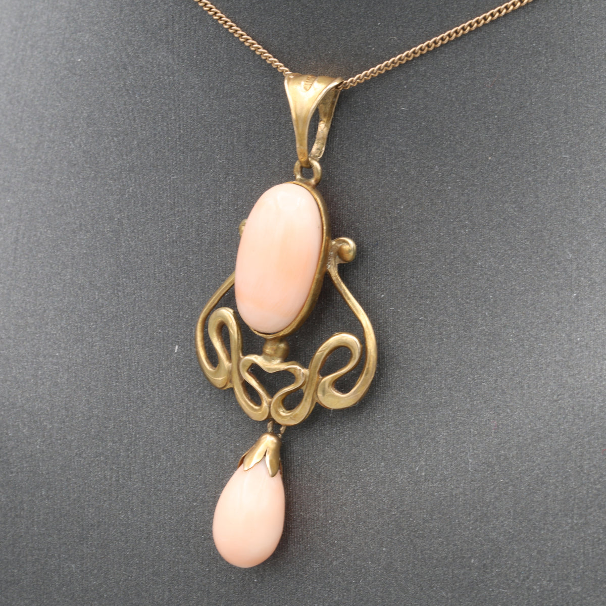 Art Nouveau Angel Skin Coral Drop Pendant Necklace in 10 & 14k Yellow Gold