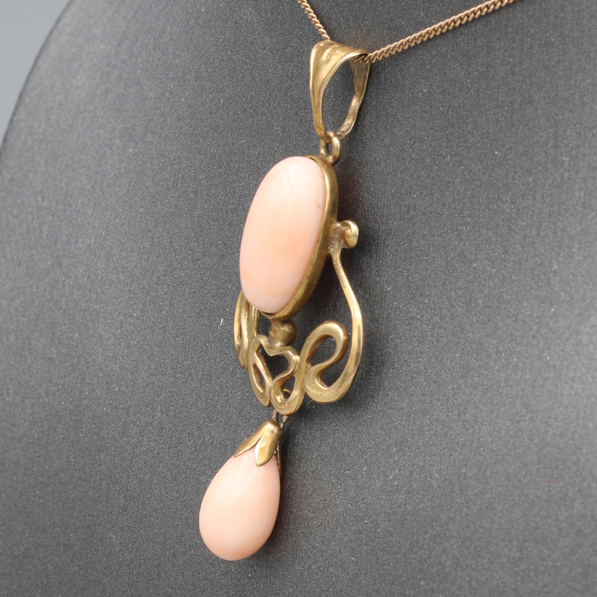 Art Nouveau Angel Skin Coral Drop Pendant Necklace in 10 & 14k Yellow Gold