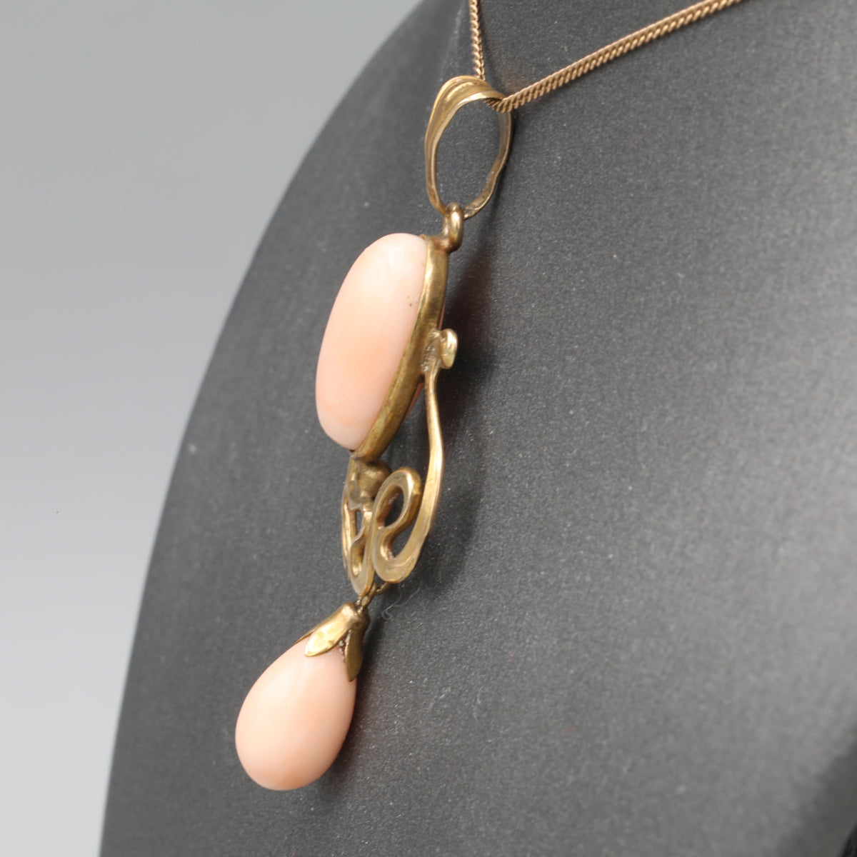 Art Nouveau Angel Skin Coral Drop Pendant Necklace in 10 & 14k Yellow Gold