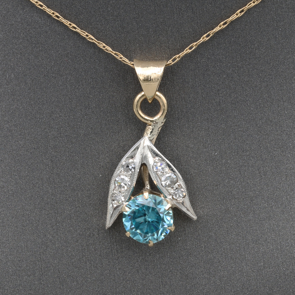 Sparkling Retro Blue Zircon and Diamond Pendant Necklace in 14k Yellow Gold
