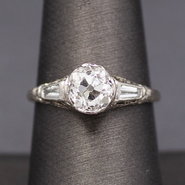 Art Deco GIA Certified 1.62ct Old European Cut Diamond Three Stone Ring in Platinum