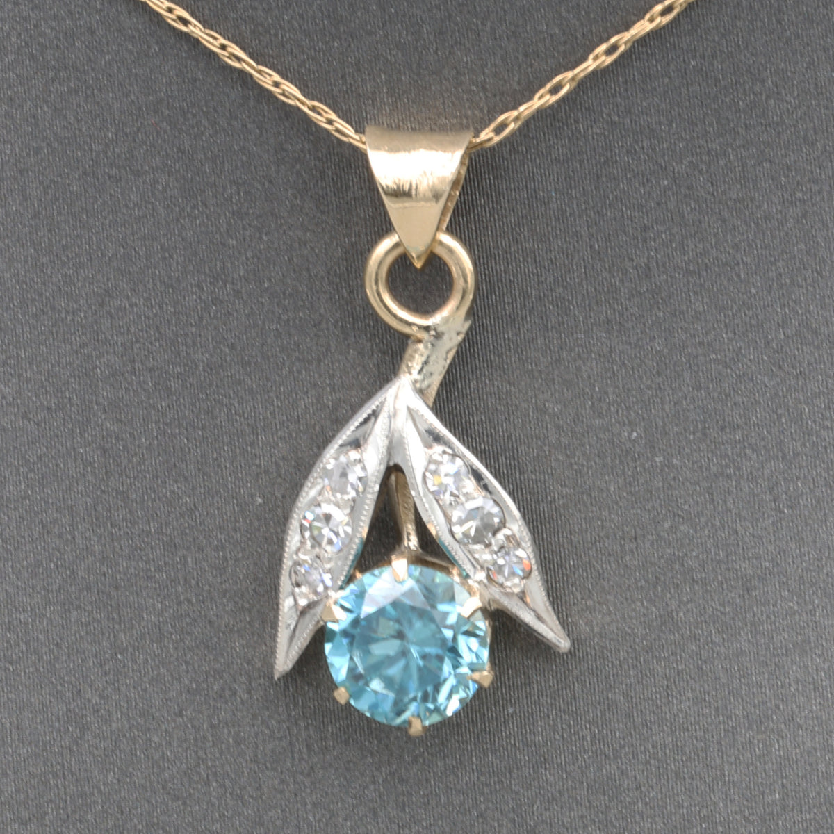 Sparkling Retro Blue Zircon and Diamond Pendant Necklace in 14k Yellow Gold