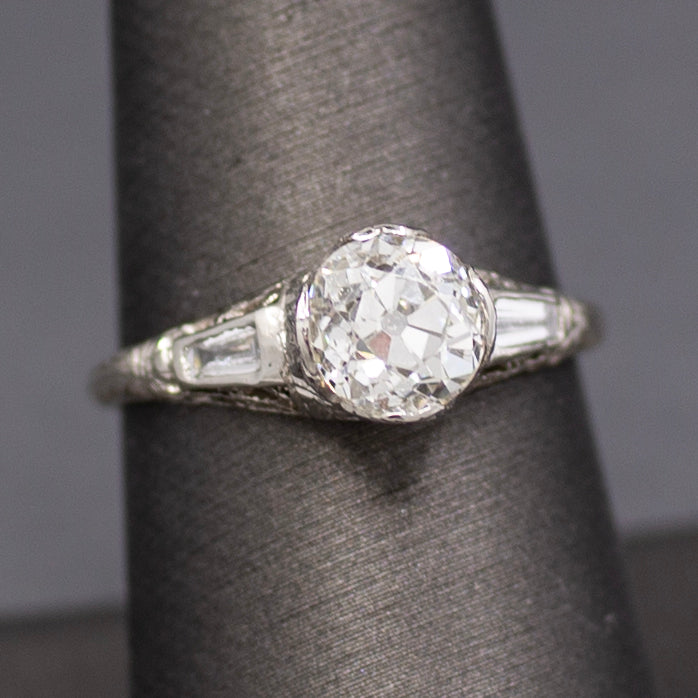 Art Deco GIA Certified 1.62ct Old European Cut Diamond Three Stone Ring in Platinum