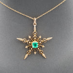 Antique Victorian Emerald Star Pendant Necklace in 14k Yellow Gold