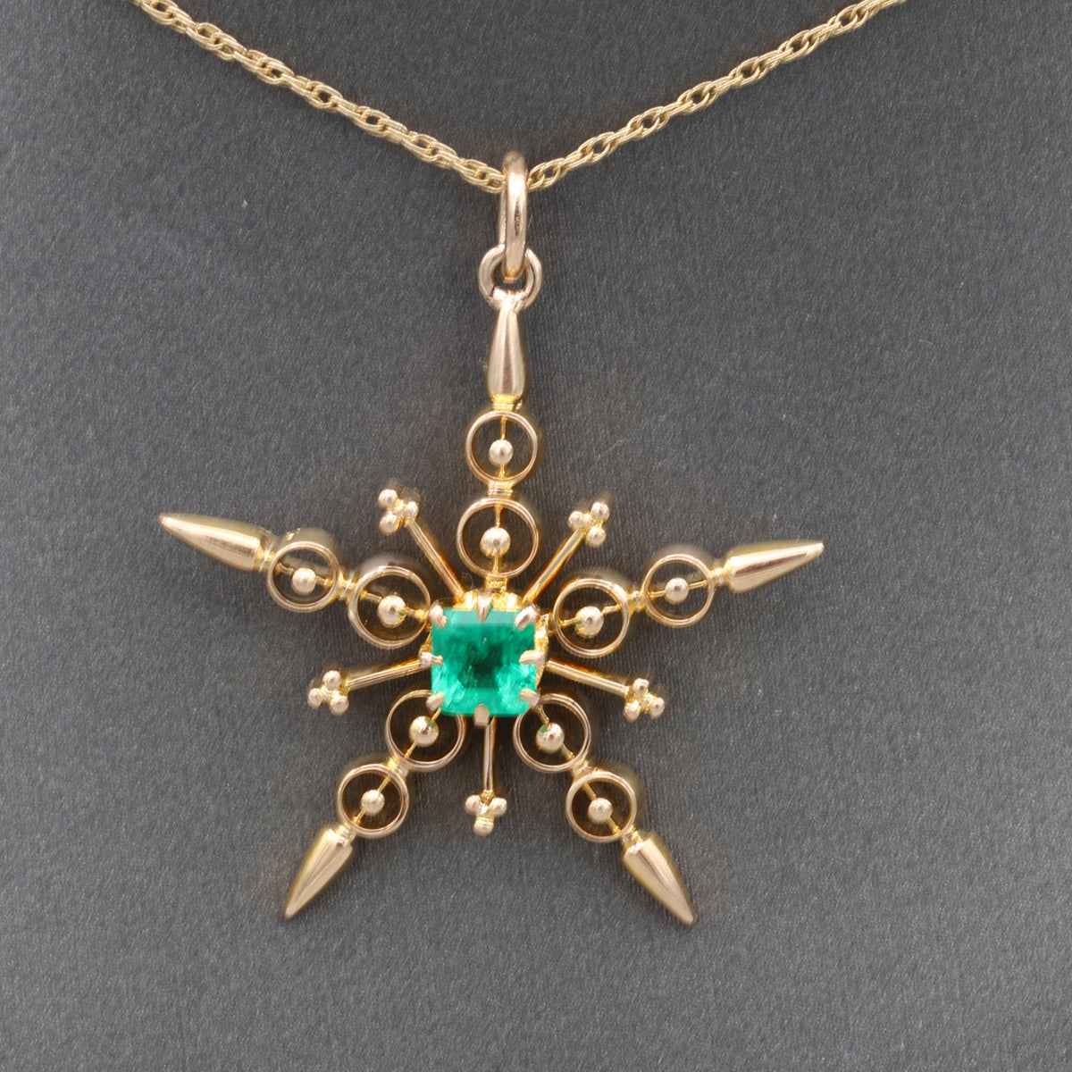 Antique Victorian Emerald Star Pendant Necklace in 14k Yellow Gold