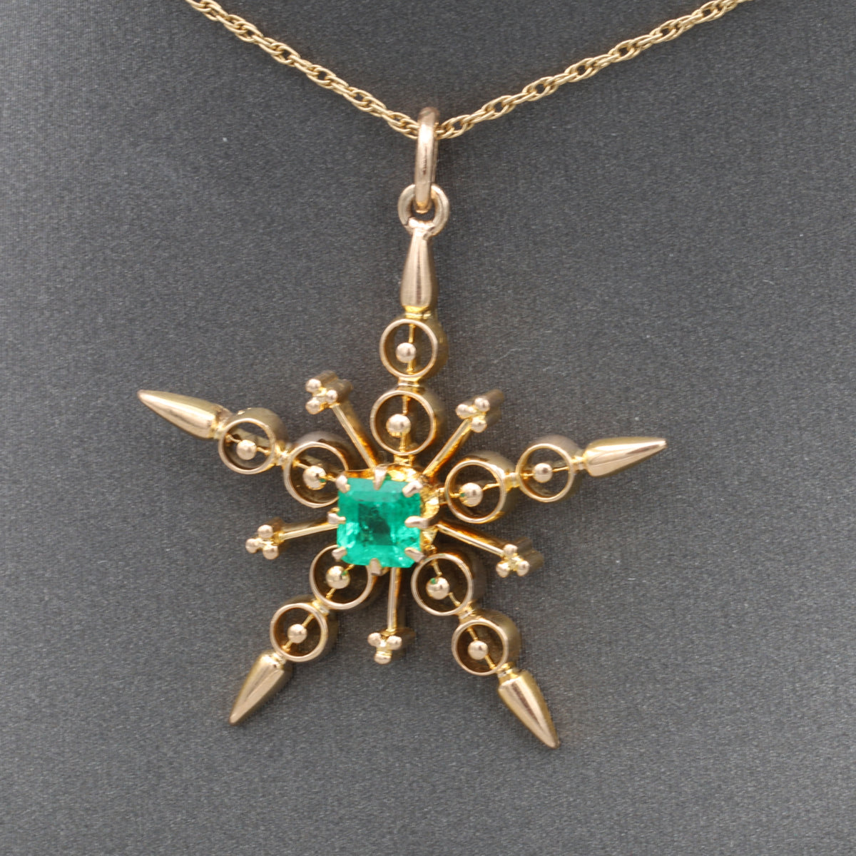 Antique Victorian Emerald Star Pendant Necklace in 14k Yellow Gold