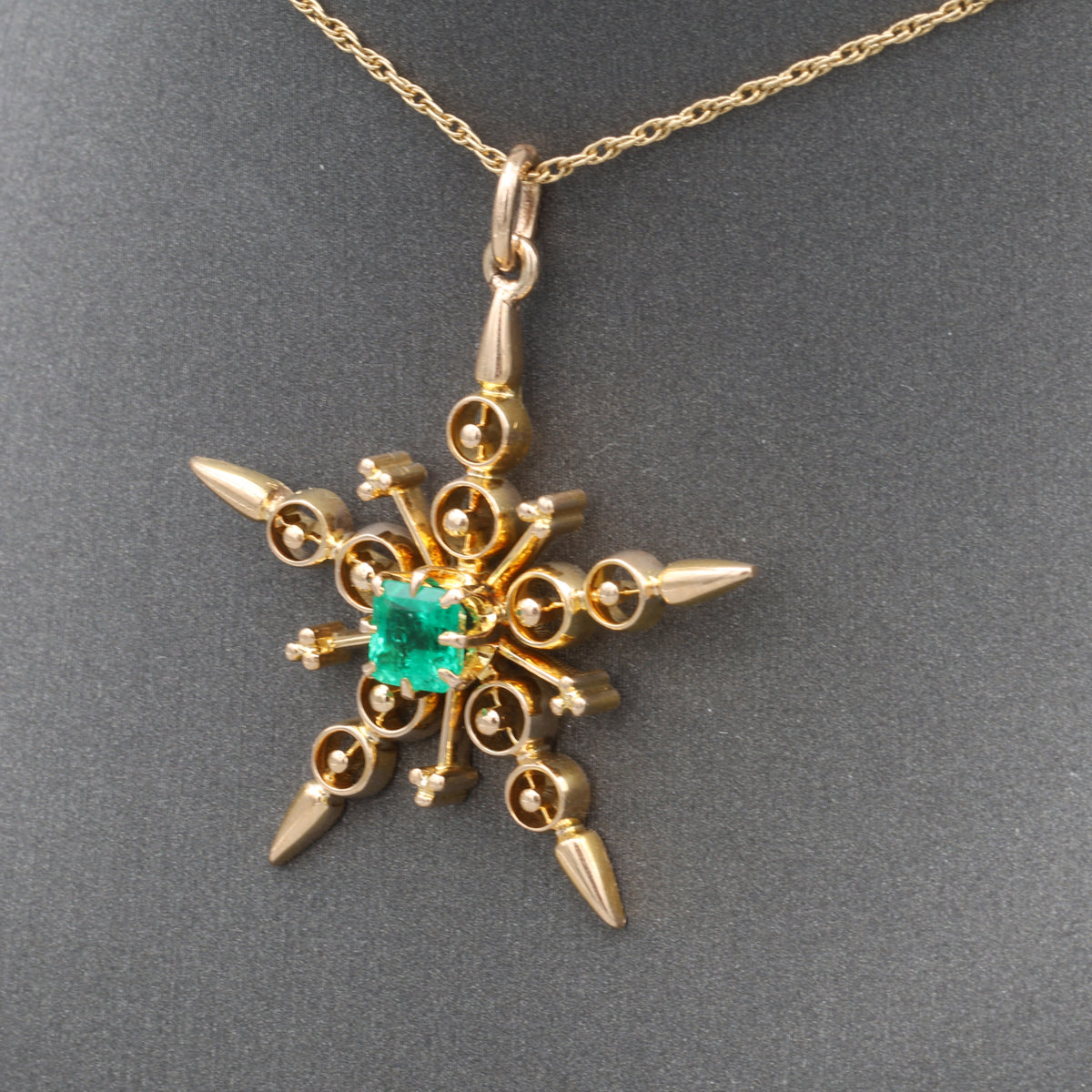 Antique Victorian Emerald Star Pendant Necklace in 14k Yellow Gold
