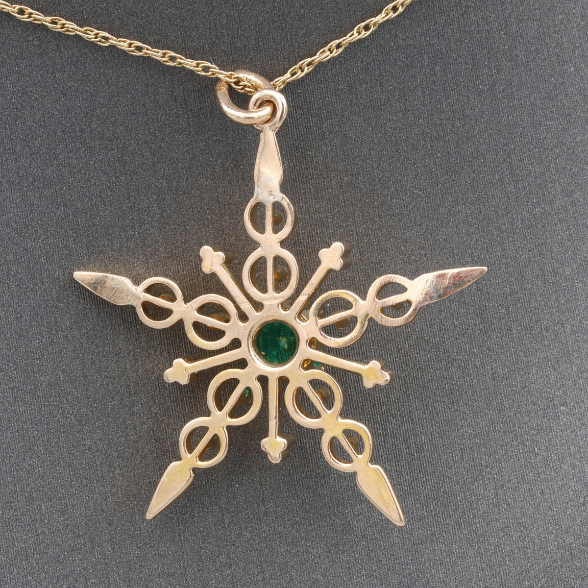 Antique Victorian Emerald Star Pendant Necklace in 14k Yellow Gold