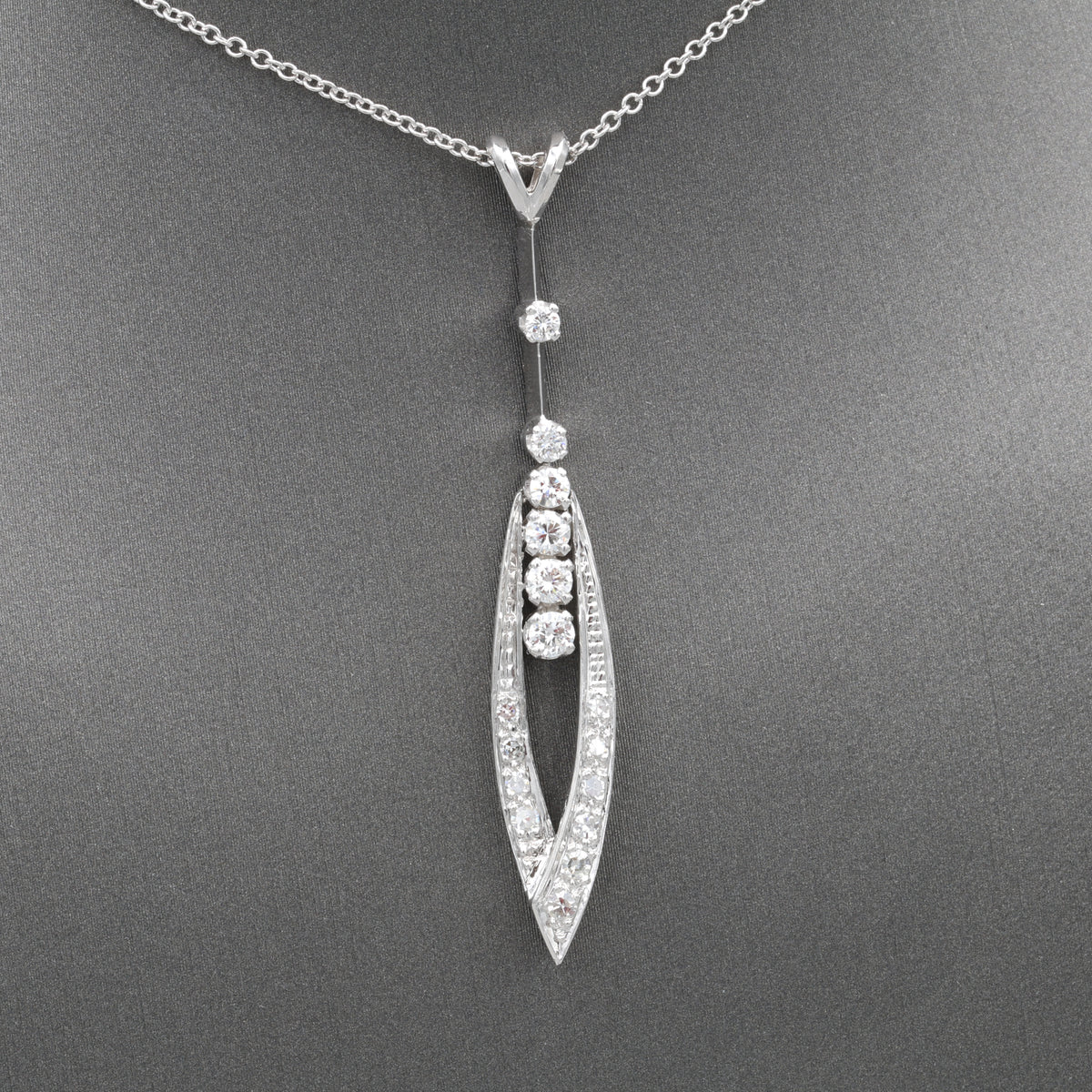 Mid-Century Modern Diamond Elongated Teardrop Pendant Necklace in 14k White Gold