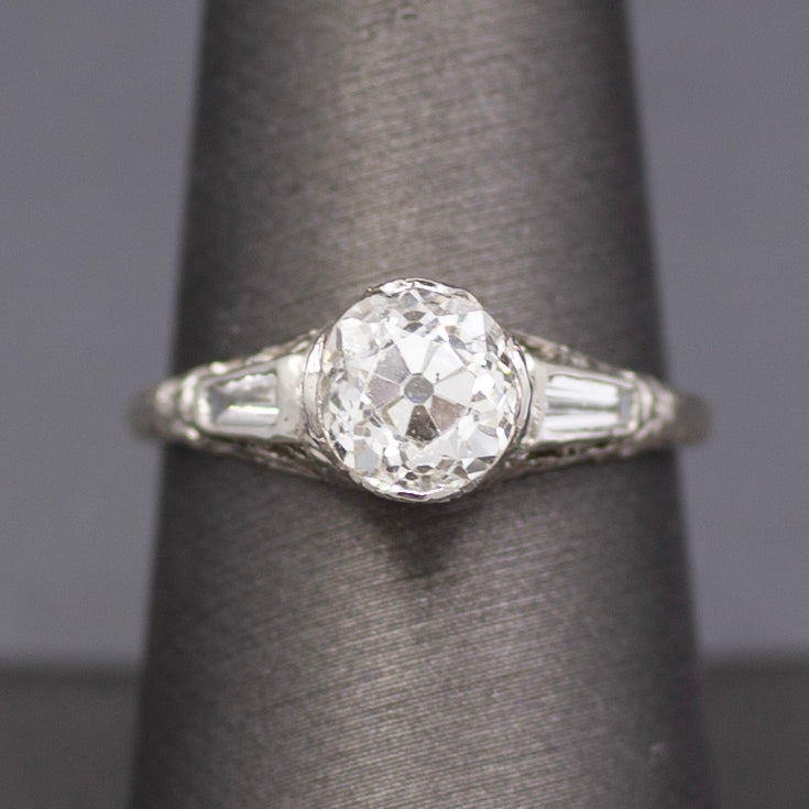 Art Deco GIA Certified 1.62ct Old European Cut Diamond Three Stone Ring in Platinum