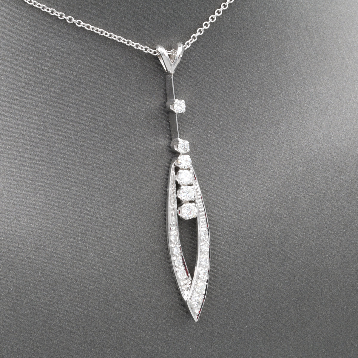 Mid-Century Modern Diamond Elongated Teardrop Pendant Necklace in 14k White Gold