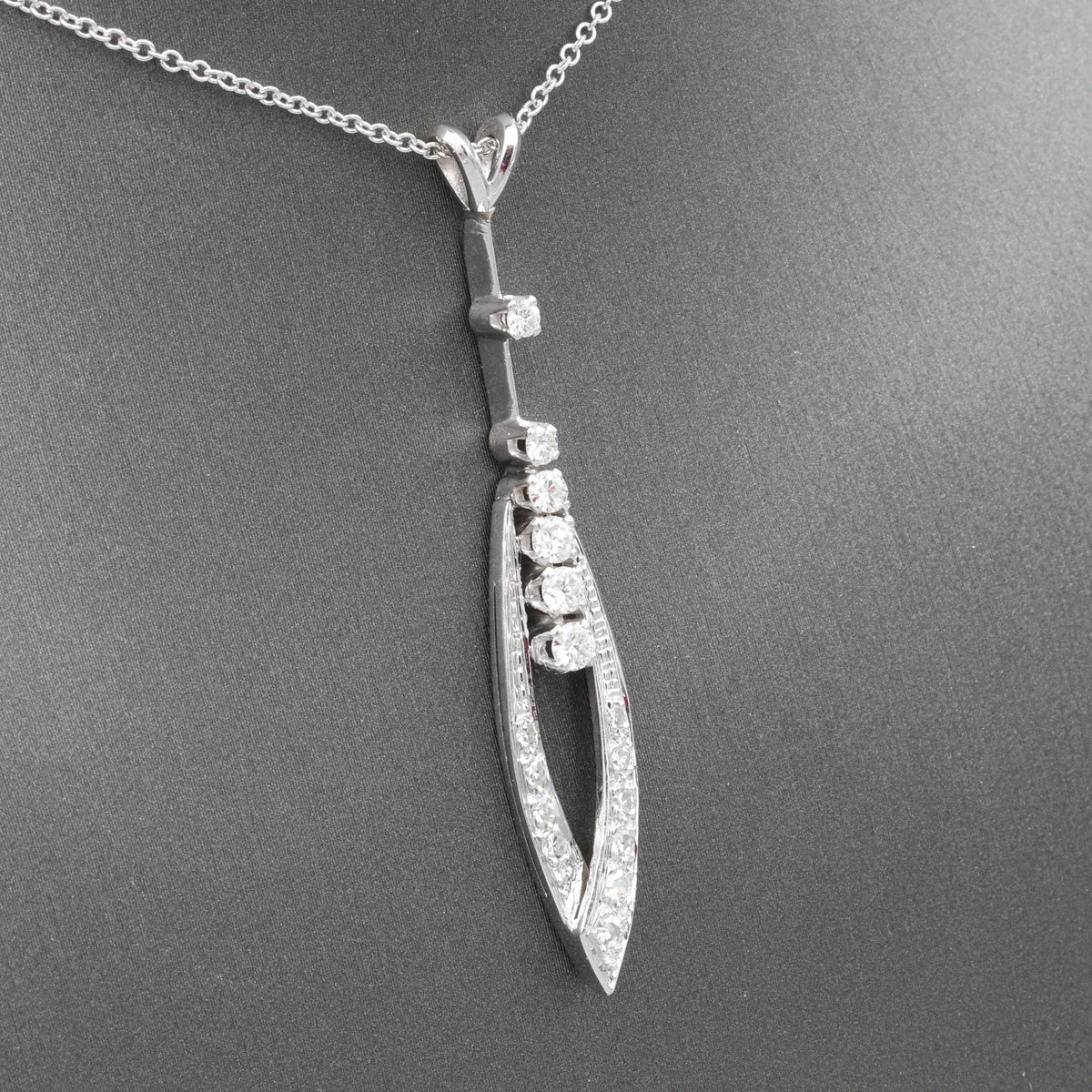 Mid-Century Modern Diamond Elongated Teardrop Pendant Necklace in 14k White Gold