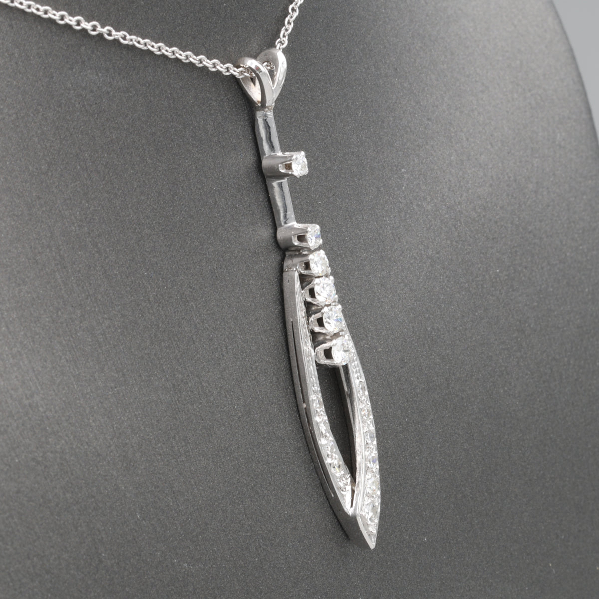 Mid-Century Modern Diamond Elongated Teardrop Pendant Necklace in 14k White Gold