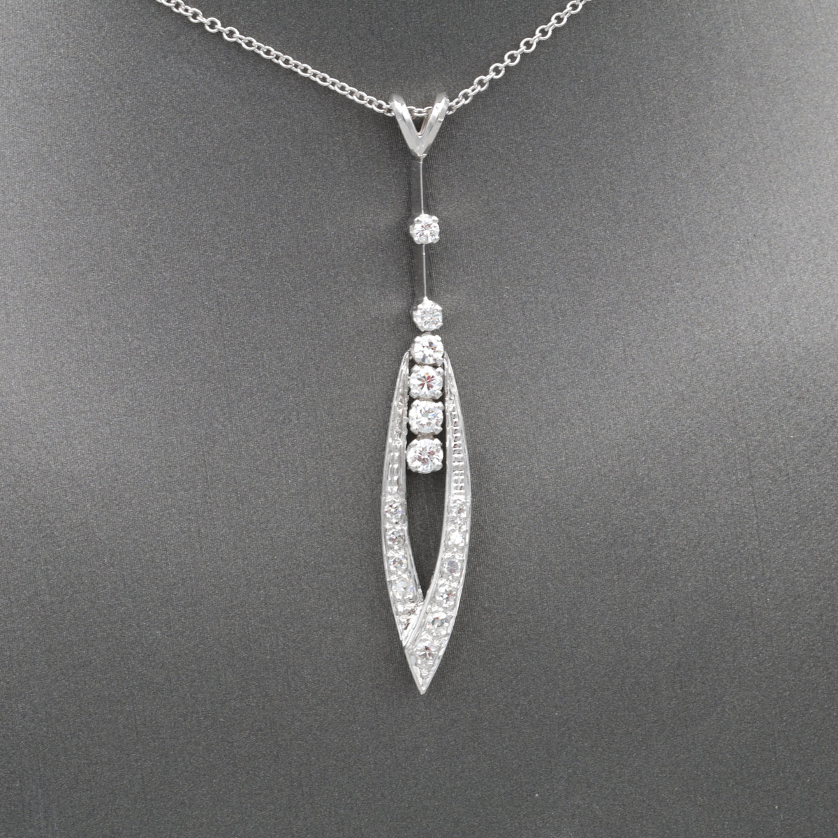 Mid-Century Modern Diamond Elongated Teardrop Pendant Necklace in 14k White Gold