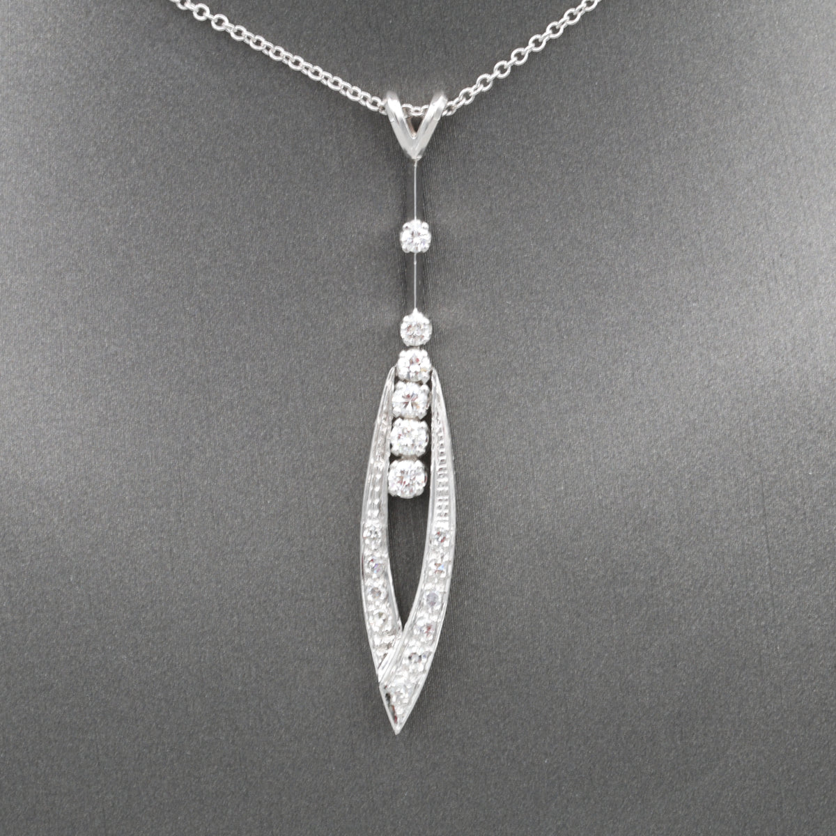 Mid-Century Modern Diamond Elongated Teardrop Pendant Necklace in 14k White Gold