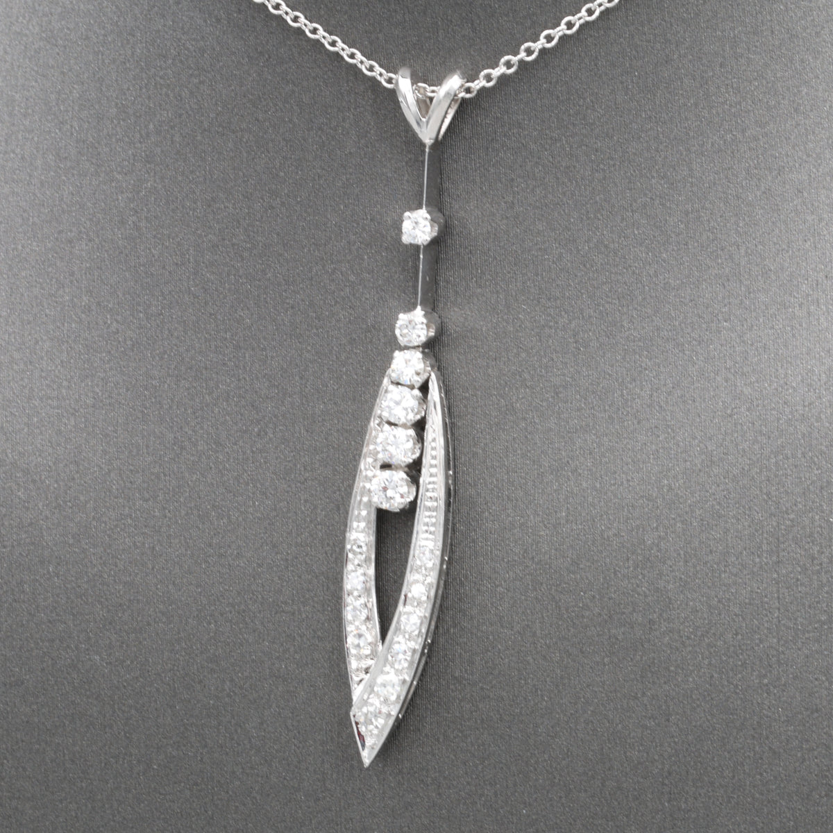 Mid-Century Modern Diamond Elongated Teardrop Pendant Necklace in 14k White Gold