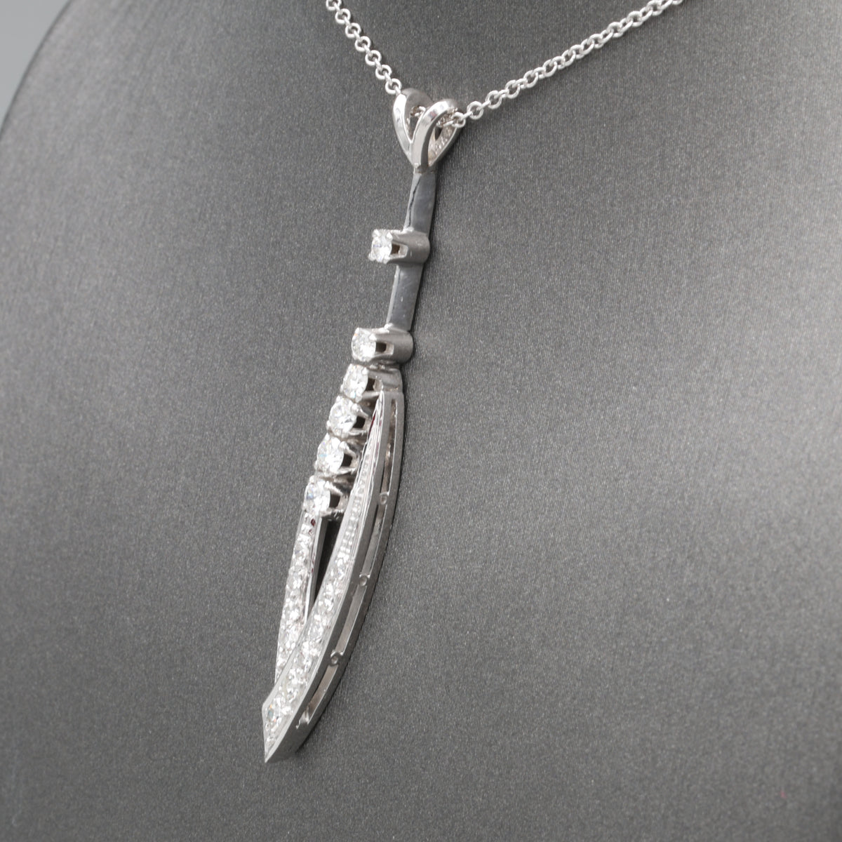Mid-Century Modern Diamond Elongated Teardrop Pendant Necklace in 14k White Gold