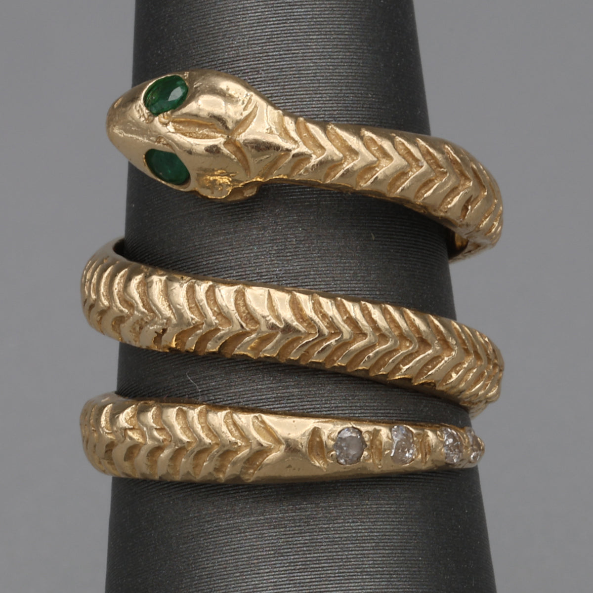 Vintage Emerald & Diamond Coiled Serpent Snake Ring in 14k Gold