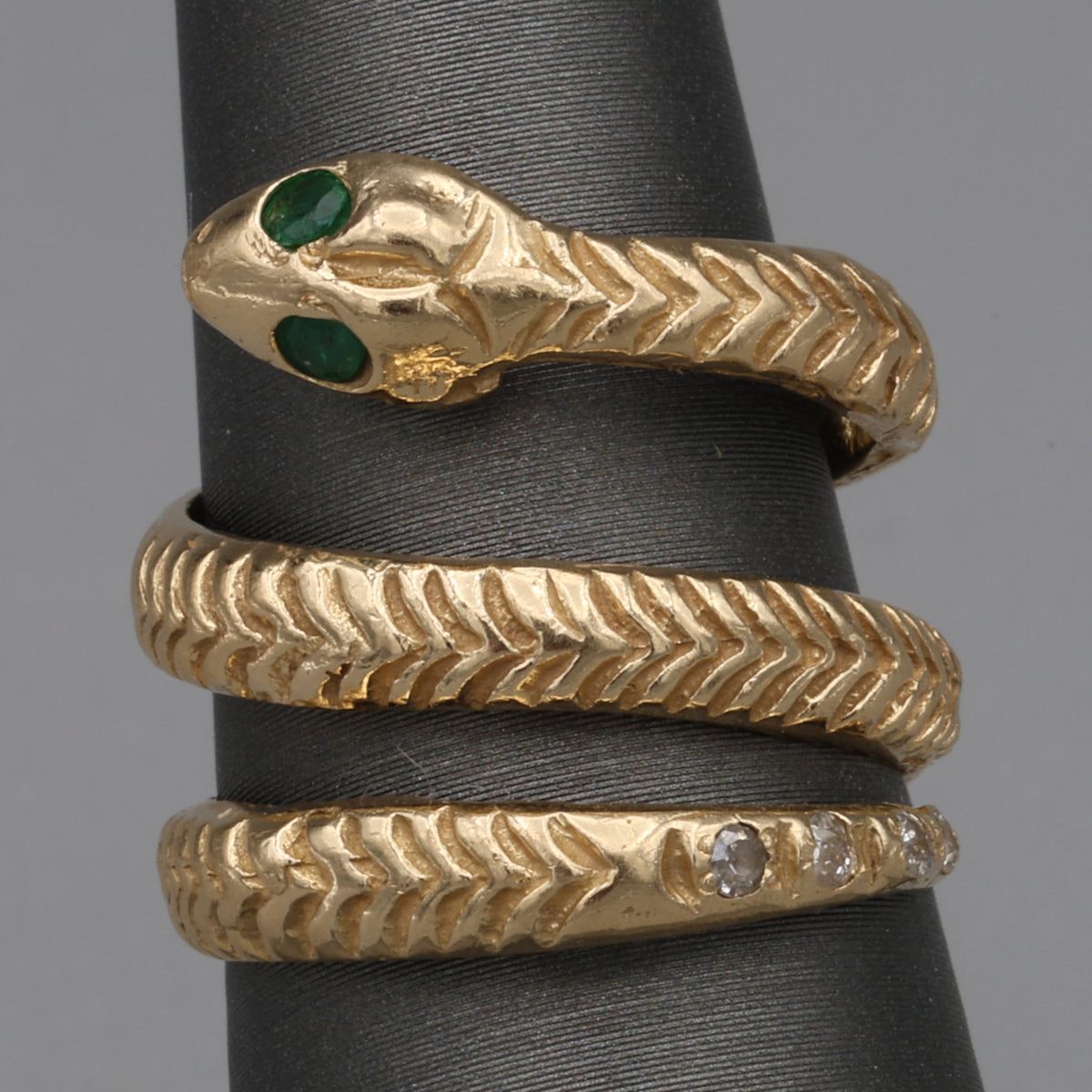 Vintage Emerald & Diamond Coiled Serpent Snake Ring in 14k Gold