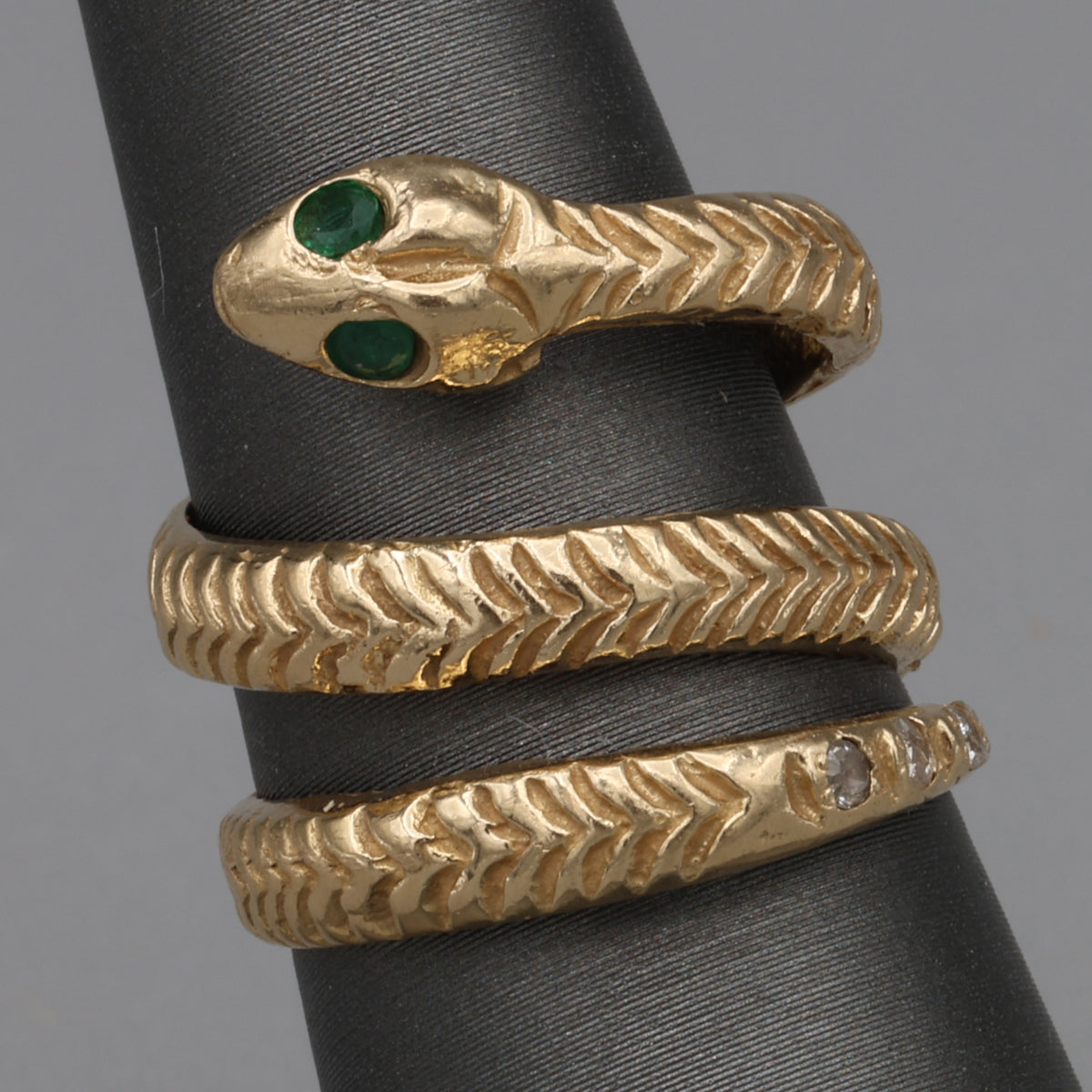 Vintage Emerald & Diamond Coiled Serpent Snake Ring in 14k Gold