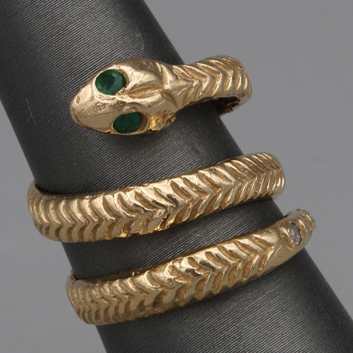 Vintage Emerald & Diamond Coiled Serpent Snake Ring in 14k Gold