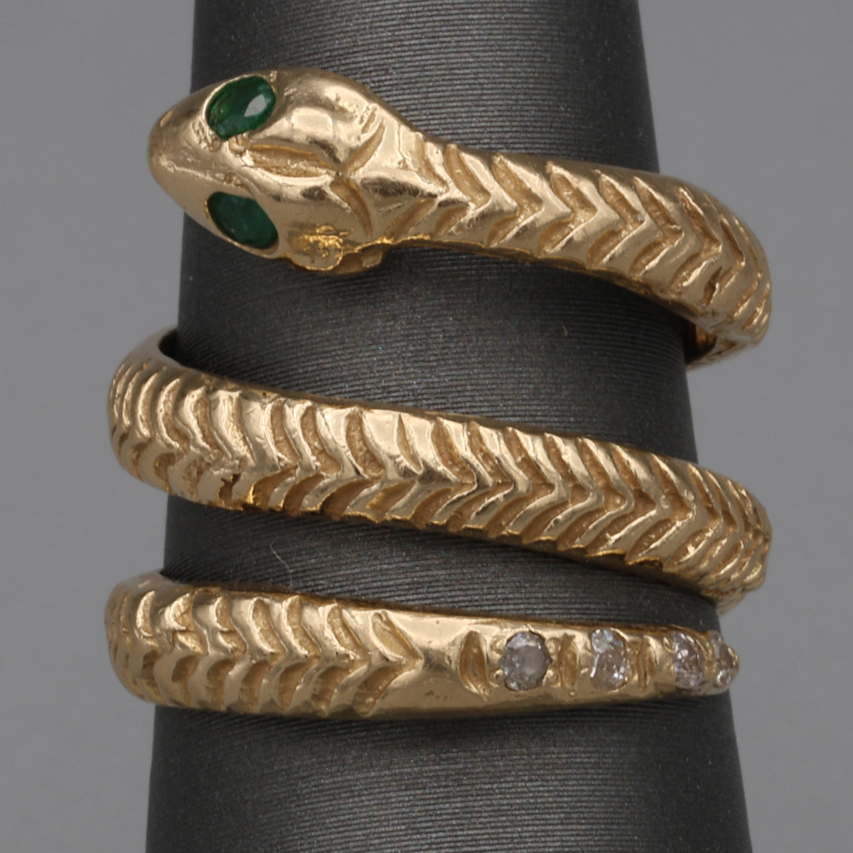 Vintage Emerald & Diamond Coiled Serpent Snake Ring in 14k Gold