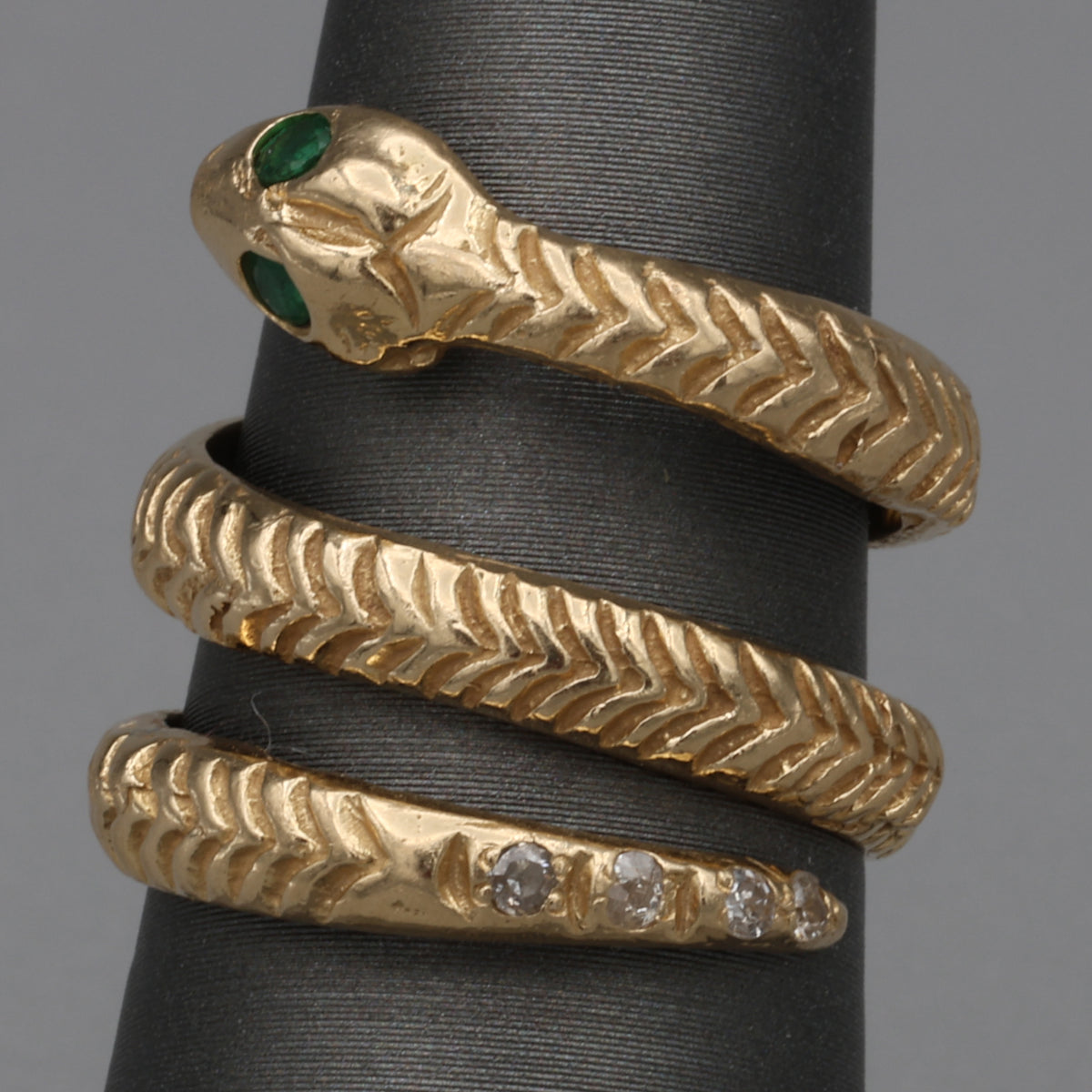 Vintage Emerald & Diamond Coiled Serpent Snake Ring in 14k Gold