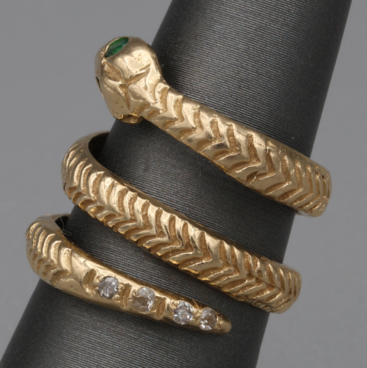 Vintage Emerald & Diamond Coiled Serpent Snake Ring in 14k Gold