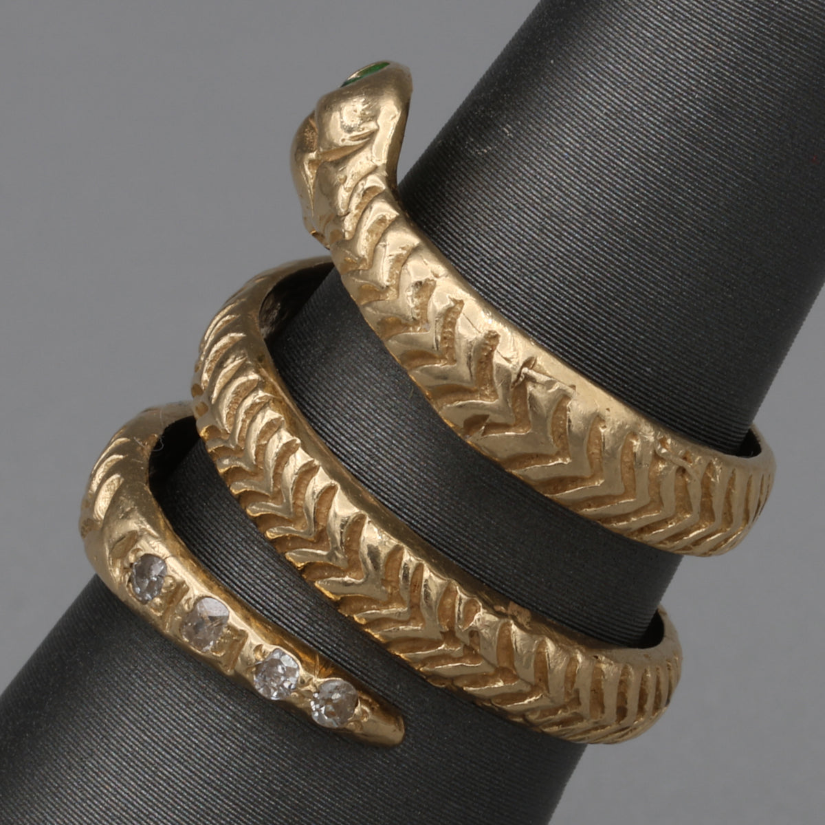 Vintage Emerald & Diamond Coiled Serpent Snake Ring in 14k Gold