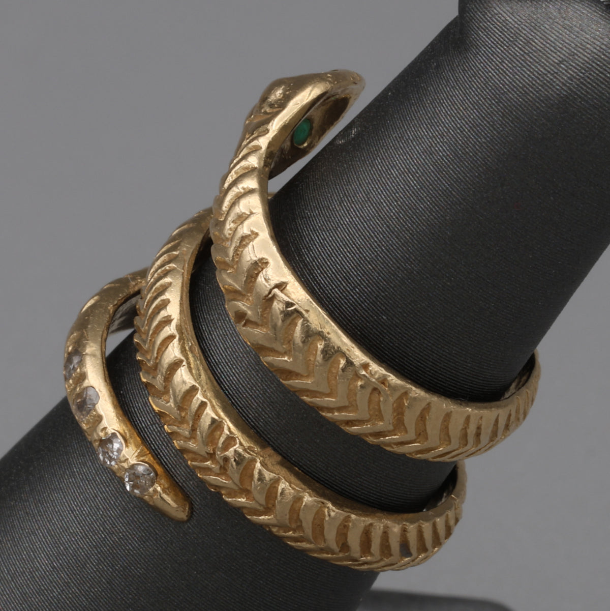 Vintage Emerald & Diamond Coiled Serpent Snake Ring in 14k Gold