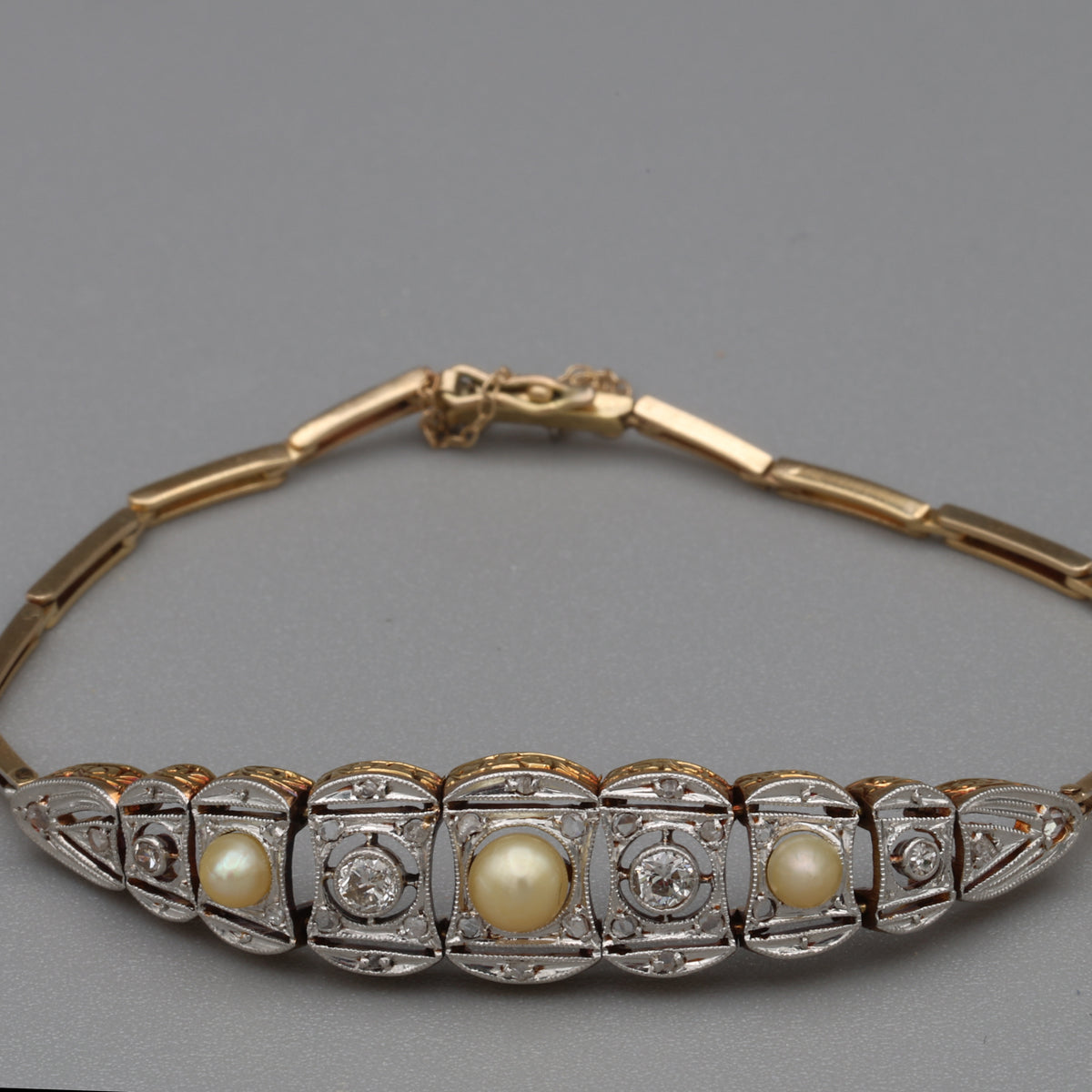 Art Deco Pearl and Old European Cut Diamond Bracelet in Silver Topped 14k Yellow Gold