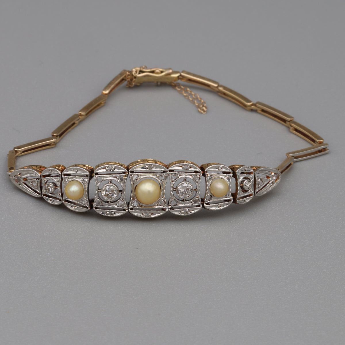 Art Deco Pearl and Old European Cut Diamond Bracelet in Silver Topped 14k Yellow Gold