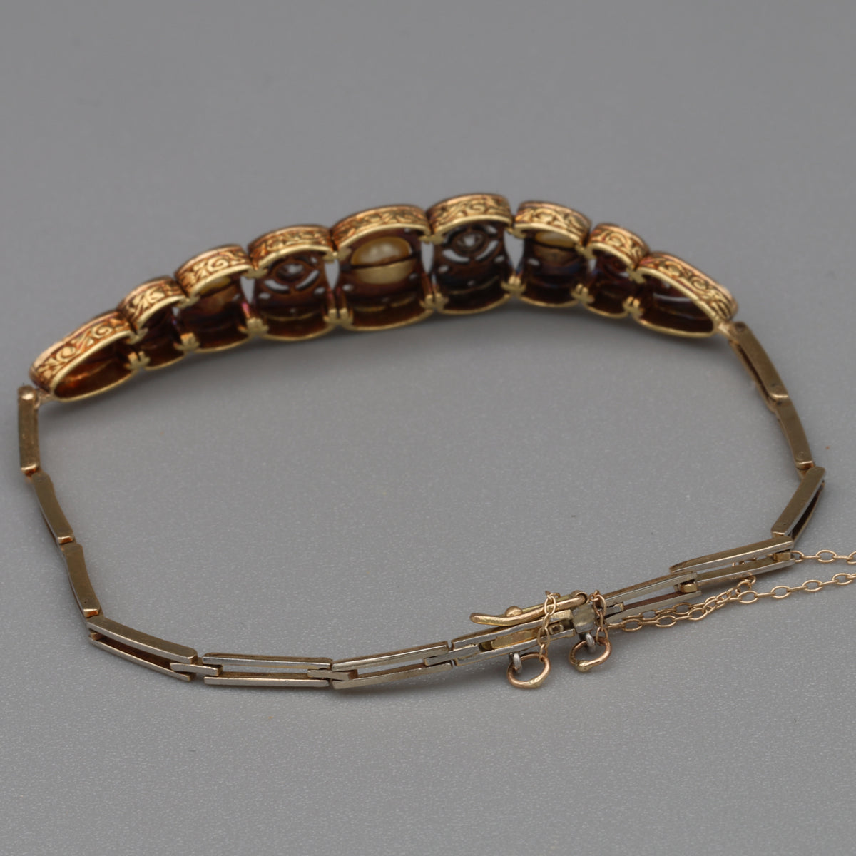 Art Deco Pearl and Old European Cut Diamond Bracelet in Silver Topped 14k Yellow Gold