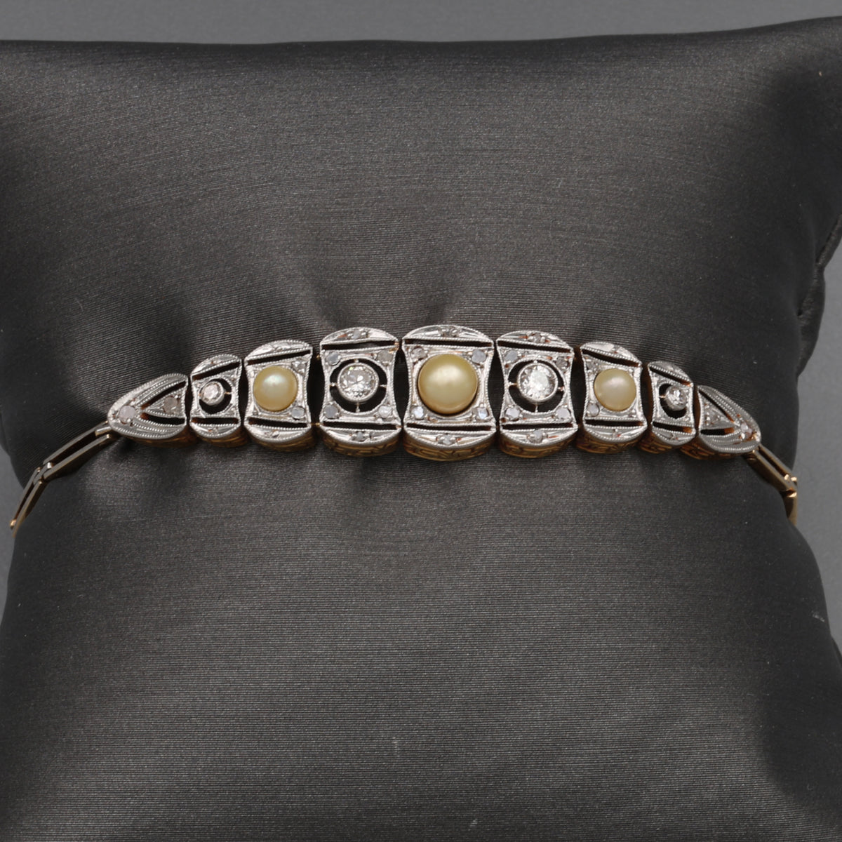 Art Deco Pearl and Old European Cut Diamond Bracelet in Silver Topped 14k Yellow Gold