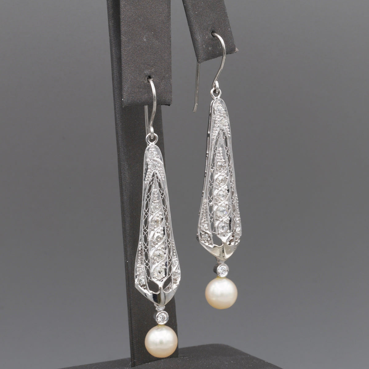 Incredible Art Deco Old Cut Diamond and Pearl Earrings in Platinum