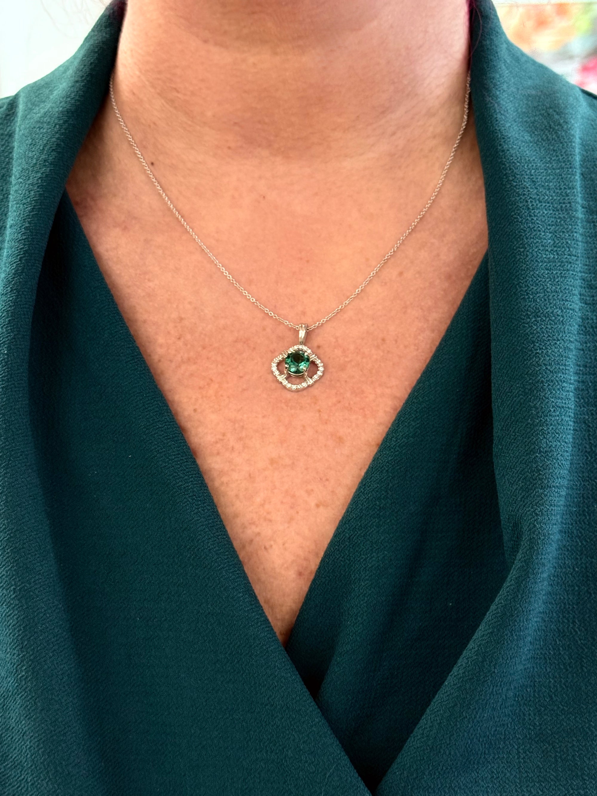 Sparkling Blue Green Teal Lagoon Tourmaline and Diamond Pendant Necklace in 14k White Gold