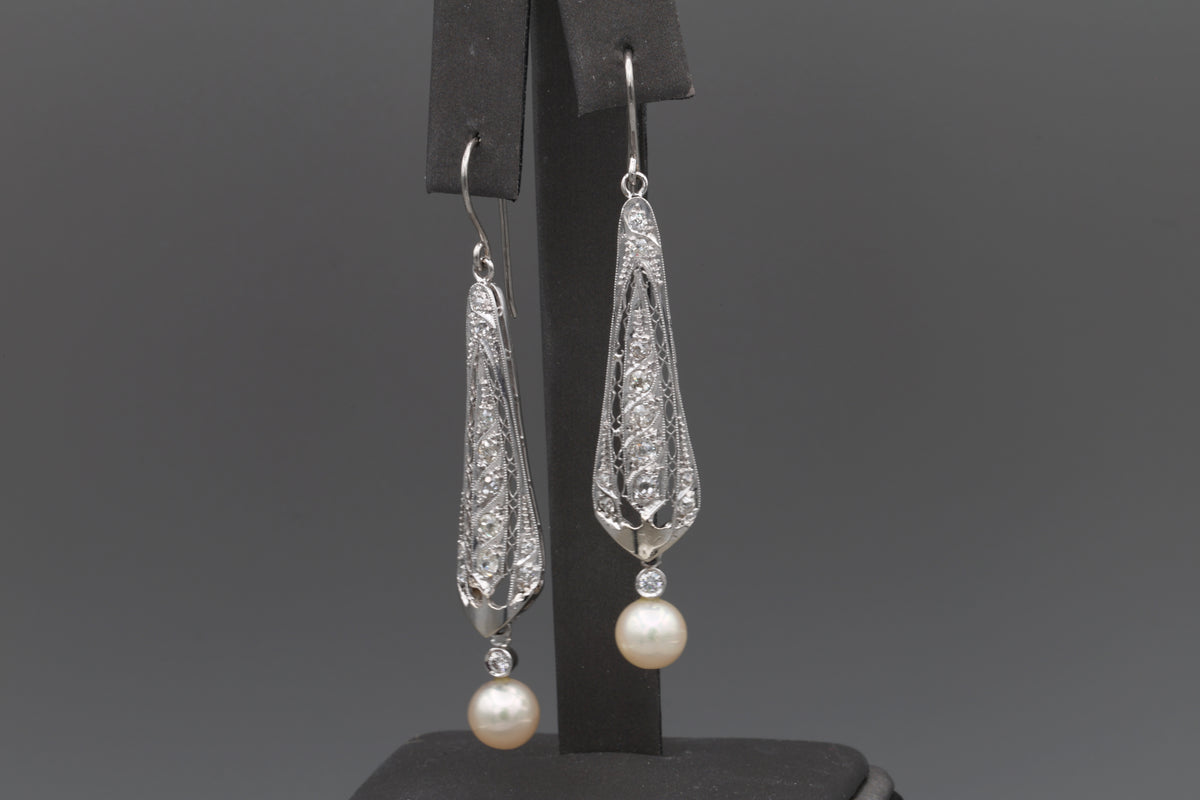 Incredible Art Deco Old Cut Diamond and Pearl Earrings in Platinum